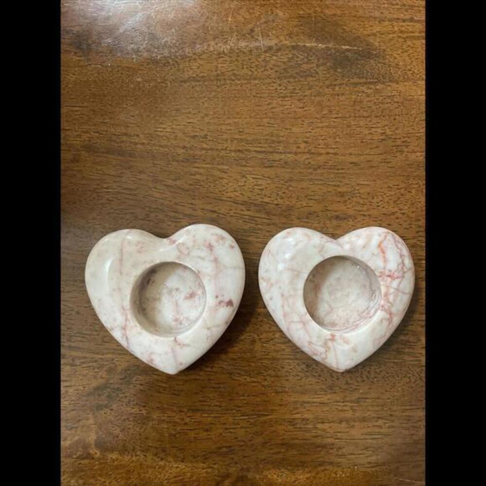 2 HAND CARVED pink granite STONE HEART TEA LIGHT HOLDER
